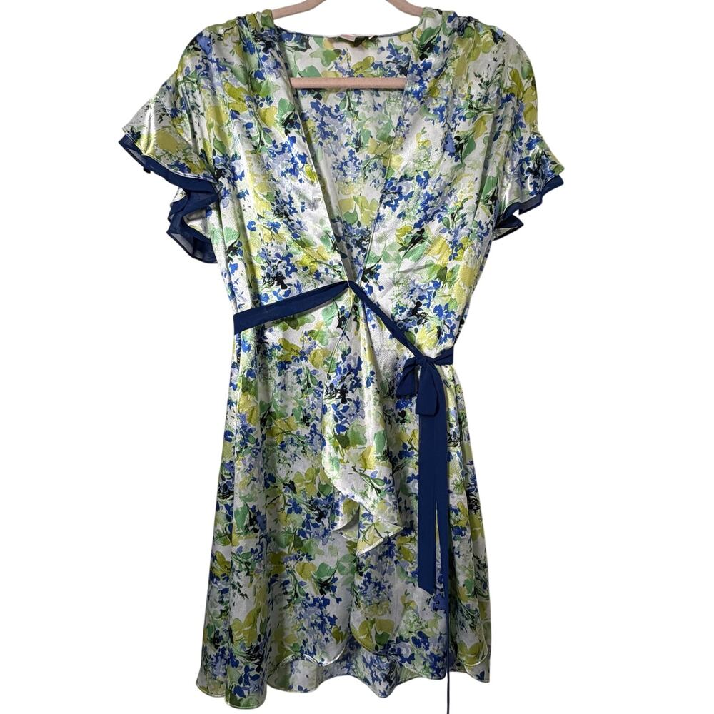 Sm Oscar de la Renta Pink Label Blue Floral Satin Robe Floral Ruffles Romantic